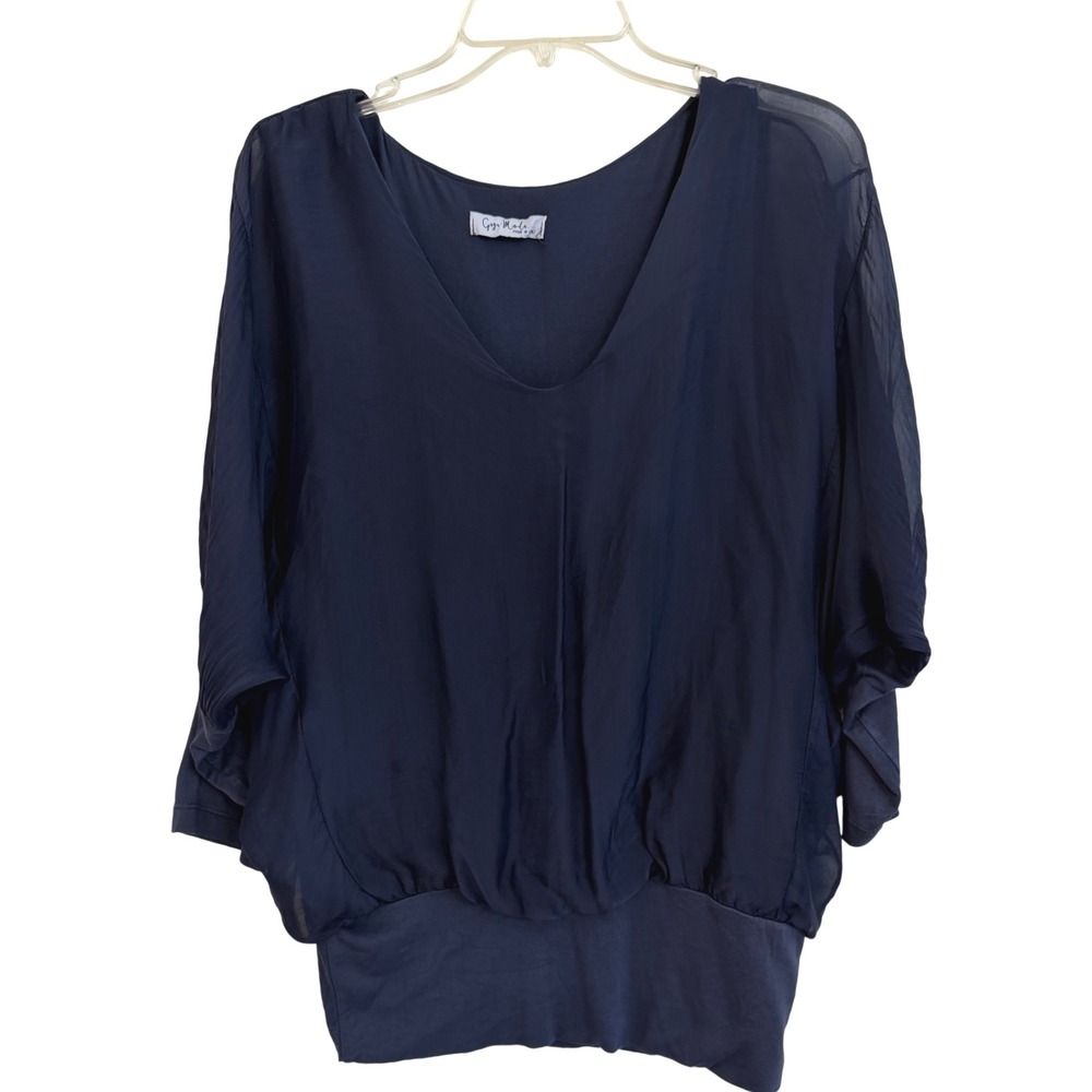 Gigi Moda Italy Amanye Blue Silk Blend Batwing Sleeve V-Neck Blouson Top Blouse